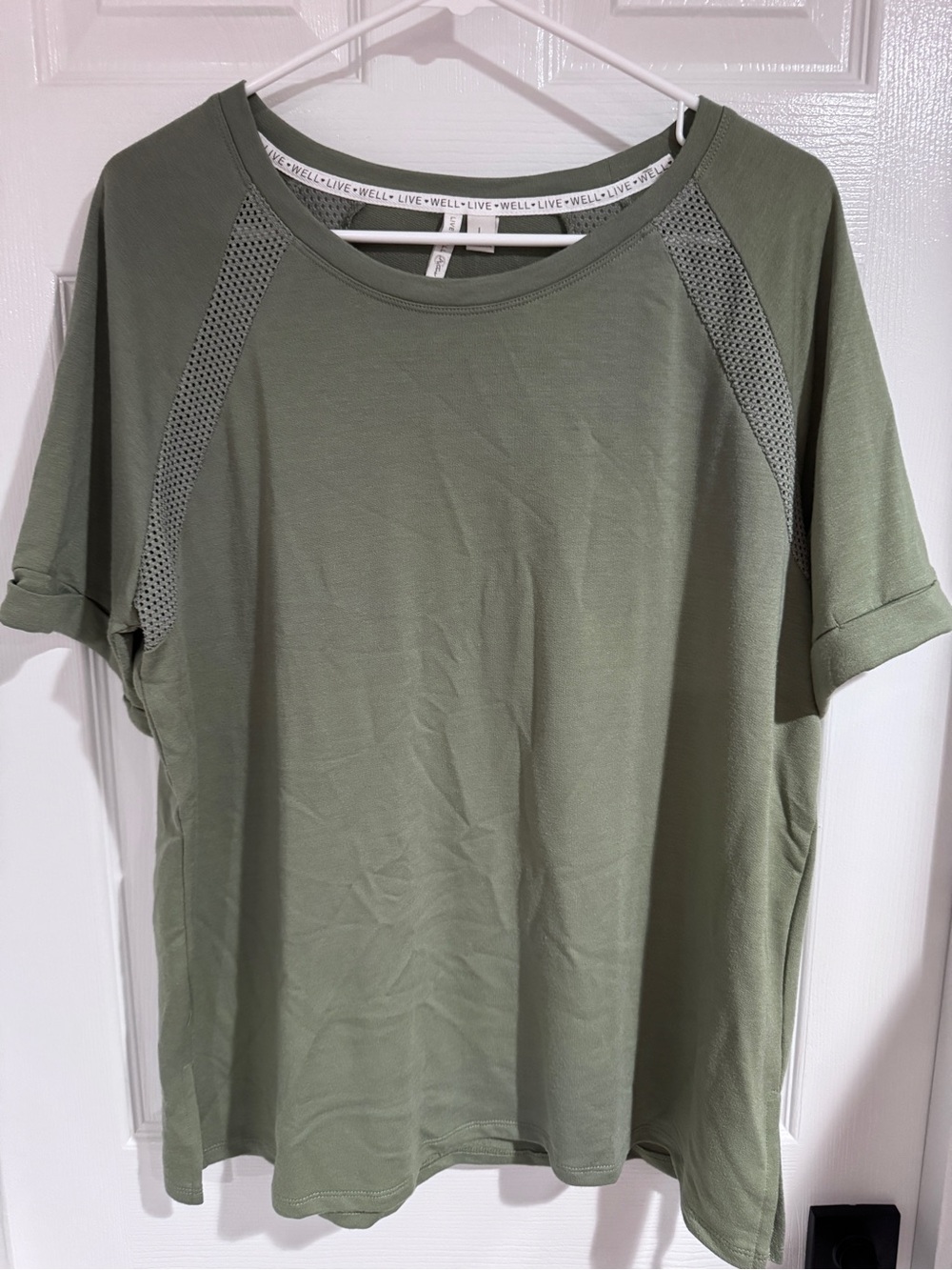 Women’s Olive Green Short Sleeve Tee with Mesh Accent